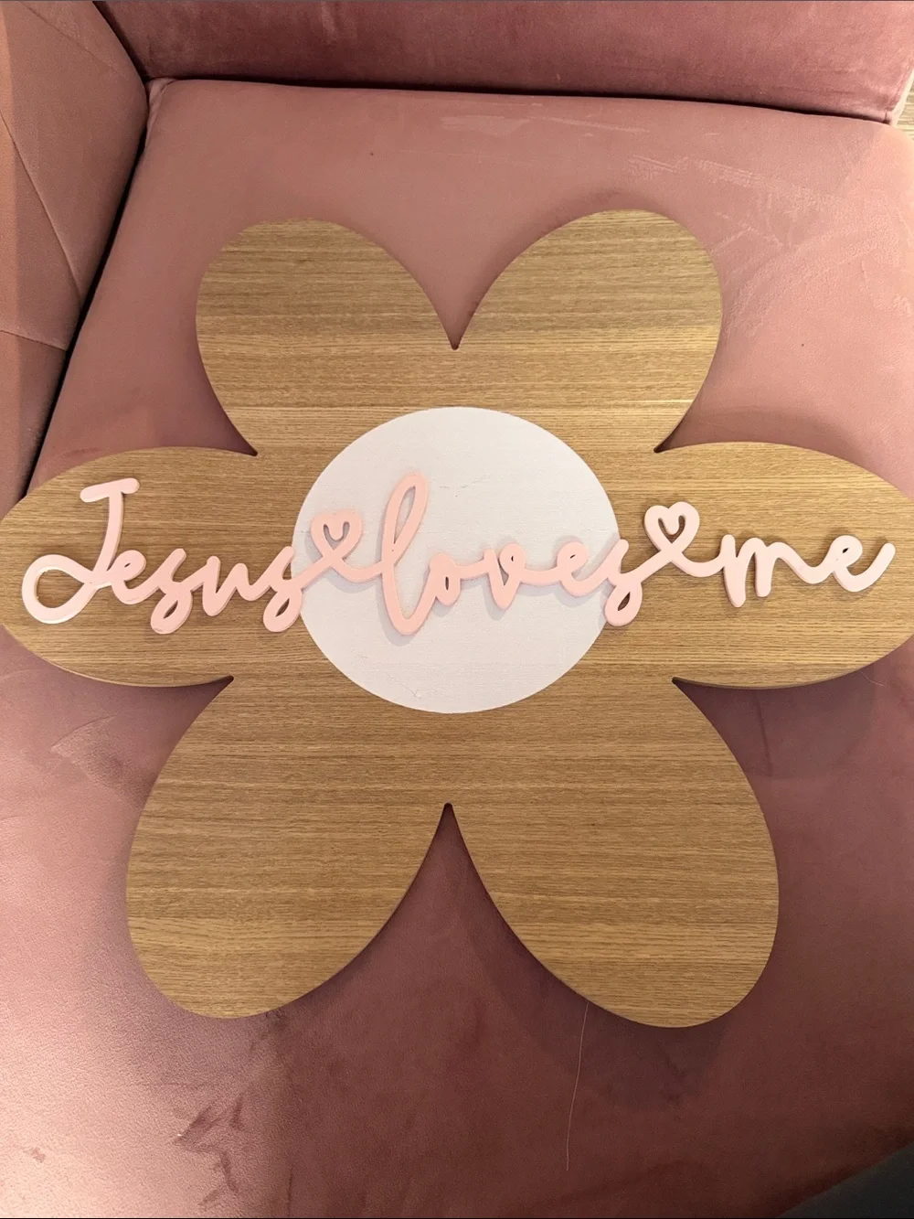 Pink Script 'Jesus Loves Me' Flower Wall Sign